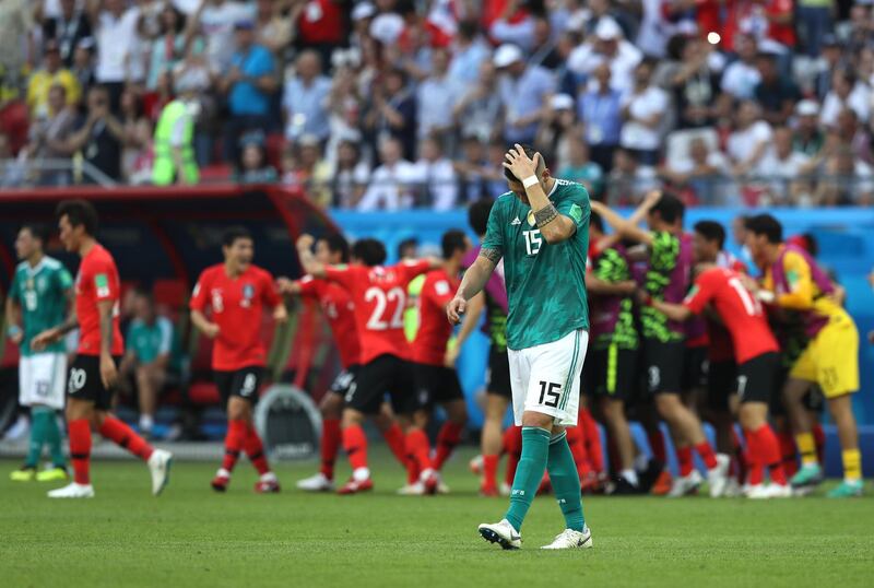 KAZAN, RUSSIA - JUNE 27:  Niklas Suele of Germany looks dejected following his sides defeat in the 2018 FIFA World Cup Russia group F match between Korea Republic and Germany at Kazan Arena on June 27, 2018 in Kazan, Russia.  (Photo by Kevin C. Cox/Getty Images)