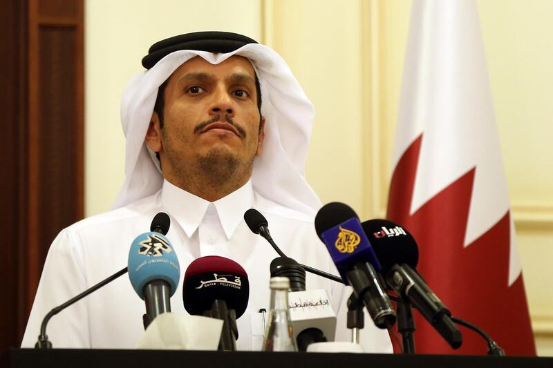 DOHA, QATAR - OCTOBER 22: Foreign Affairs Minister of Qatar Mohammed bin Abdulrahman Al Thani speaks during a joint press conference held with U.S. Secretary of State Rex Tillerson (not seen) at the Foreign Affairs Ministry Building in Doha, Qatar on October 22, 2017. (Photo by Mohamed Farag/Anadolu Agency/Getty Images)