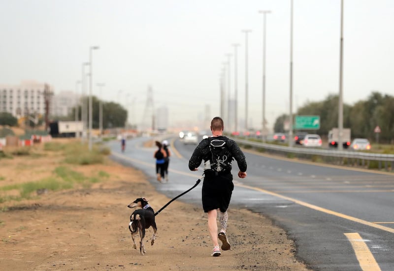 Dubai, United Arab Emirates - Reporter: N/A: Weather. A man walks his dog in the rain near Town Square. Thursday, March 21st, 2020. Town Square, Dubai. Chris Whiteoak / The National