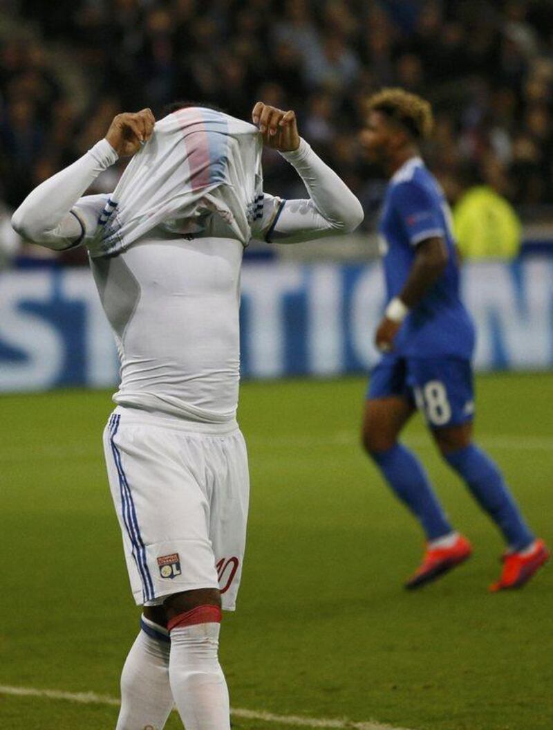 Lyon’s Alexandre Lacazette reacts after missing a penalty against Juventus. Robert Pratta / Reuters