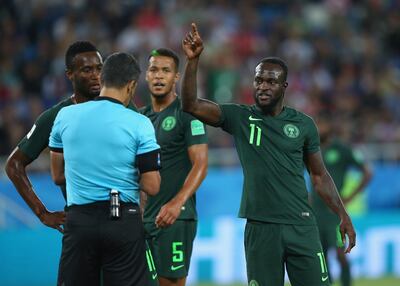 KALININGRAD, RUSSIA - JUNE 16:  Victor Moses of Nigeria argues with referee Sandro Ricci as he awards a penalty to Croatia during the 2018 FIFA World Cup Russia group D match between Croatia and Nigeria at Kaliningrad Stadium on June 16, 2018 in Kaliningrad, Russia.  (Photo by Alex Livesey/Getty Images)