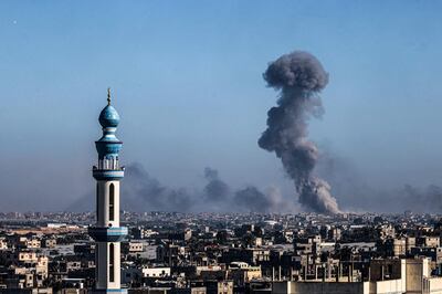 Smoke billowing during Israeli bombardment of Khan Younis in the southern Gaza Strip on February 11, 2024. AFP