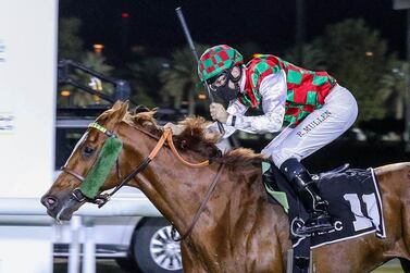Richard Mullen celebrates as he crosses the finish line on Somoud in the Group 1 President’s Cup for Purebred Arabians in Abu Dhabi on Sunday, February 21, 2021. Courtesy ERA