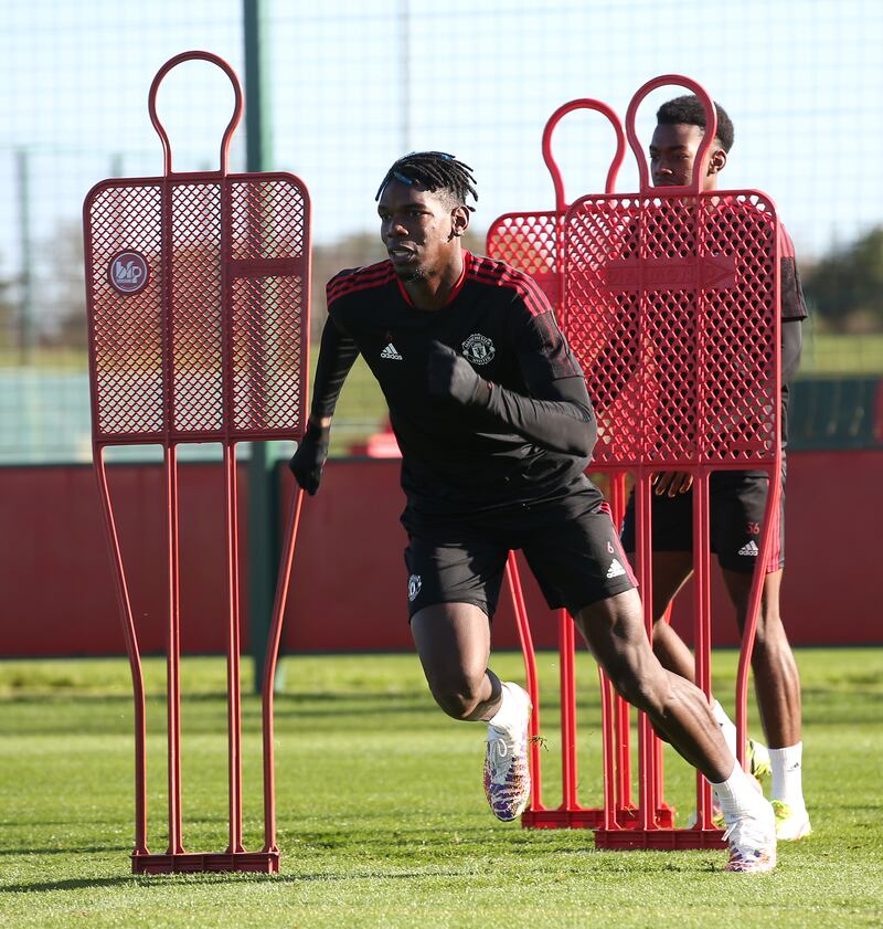 Paul Pogba of Manchester United in action during a first team training session at Carrington Training Ground.