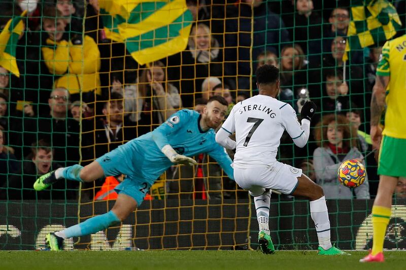 NORWICH CITY PLAYER RATINGS: Angus Gunn – 6. Faced his former academy side and made several saves in the opening minutes before denying Raheem Sterling with his boot at 25 minutes. He had no chance for Sterling’s goal, or the rebound that followed Sterling’s penalty. AFP