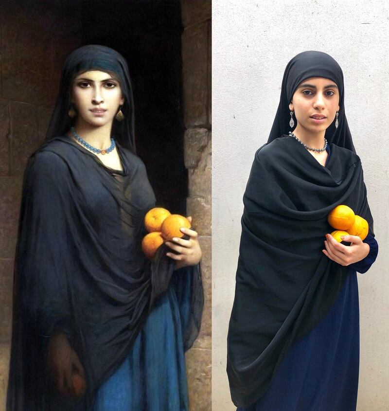 Bouchra, who lives in Agadir, recreates Charles Zacharie Landelle’s 'Woman with Oranges'. She began by recreating Orientalist paintings like these and has since done silver screen stars and Disney characters