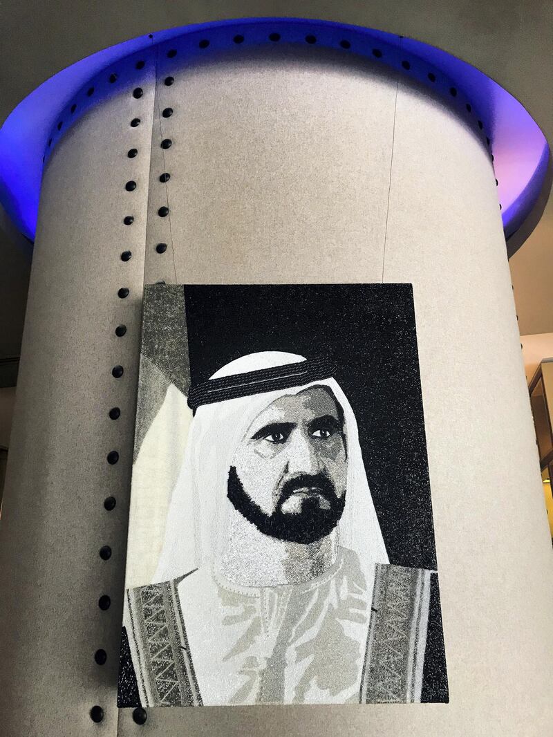 A portrait of Sheikh Mohammed bin Rashid Al Maktoum with about 350,000 crystals, pearls and glass beads. Courtesy Fairmont Dubai