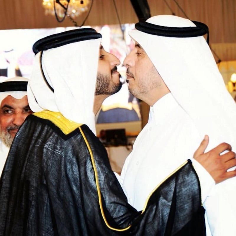 Abdullah Al Nuaimi, the groom, left, and Sheikh Abdullah bin Nasser bin Khalifa Al Thani, the Qatari prime minister and interior minister. Image taken from social media