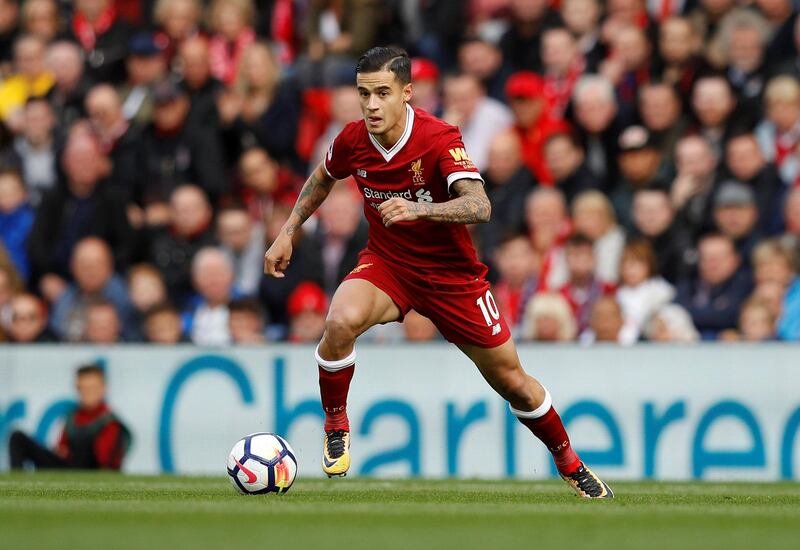 Soccer Football - Premier League - Liverpool vs Burnley - Anfield, Liverpool, Britain - September 16, 2017   Liverpool's Philippe Coutinho in action   REUTERS/Phil Noble    EDITORIAL USE ONLY. No use with unauthorized audio, video, data, fixture lists, club/league logos or "live" services. Online in-match use limited to 75 images, no video emulation. No use in betting, games or single club/league/player publications. Please contact your account representative for further details.