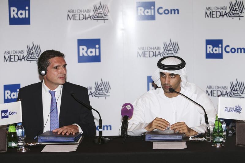 Mohamed Ebraheem Al Mahmood, the chairman and managing director of Abu Dhabi Media, speaks after signing a memorandum of understanding with Italy’s RAI COM yesterday. Sarah Dea / The National