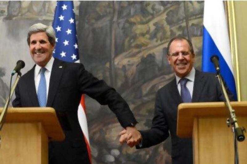 US secretary of state John Kerry (left) and his Russian counterpart Sergei Lavrov speak at their joint press conference in Moscow.