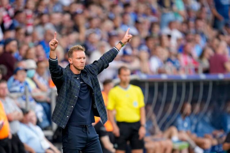 Manager Julian Nagelsmann celebrates after Kingsley Coman scored Bayern Munich's third goal. Getty