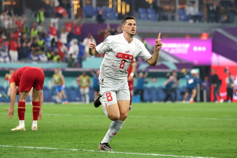 Remo Freuler celebrates after scoring Switzerland’s third goal in their 3-2 World Cup group-stage win over Serbia at Stadium 974, on December 2, 2022. Getty