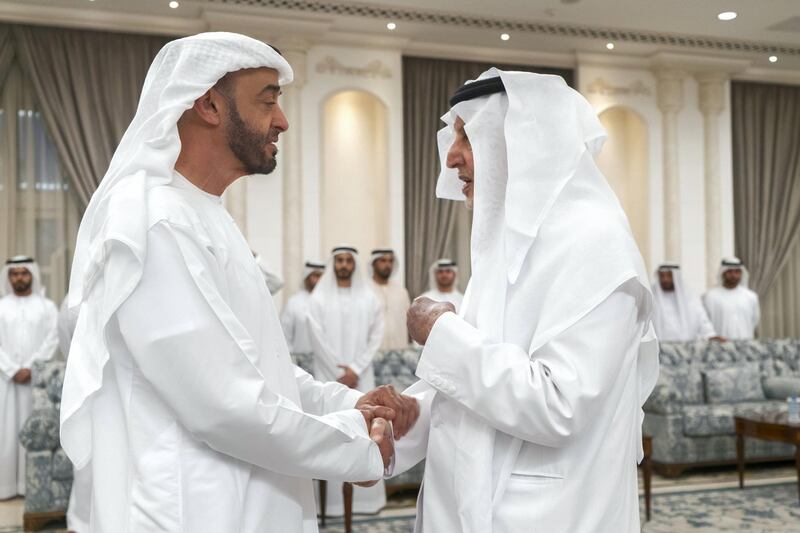ABU DHABI, UNITED ARAB EMIRATES - November 20, 2019: HRH Prince Khalid bin Faisal bin Abdulaziz Al Saud, Governor of Makkah Region of Saudi Arabia (R), offers condolences to HH Sheikh Mohamed bin Zayed Al Nahyan, Crown Prince of Abu Dhabi and Deputy Supreme Commander of the UAE Armed Forces (L), on the passing of the late HH Sheikh Sultan bin Zayed Al Nahyan, at Al Mushrif Palace.


( Rashed Al Mansoori / Ministry of Presidential Affairs )
---