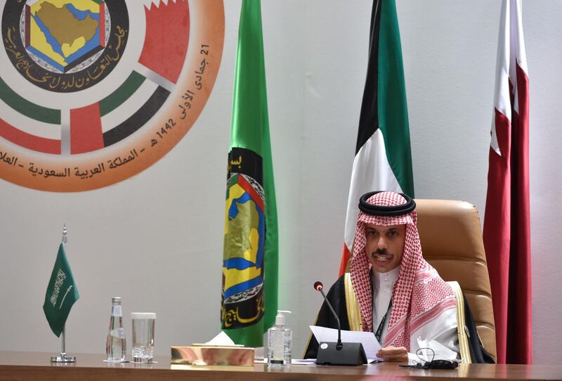 Saudi Foreign Minister Prince Faisal bin Farhan Al Saud holds a press conferece. AFP