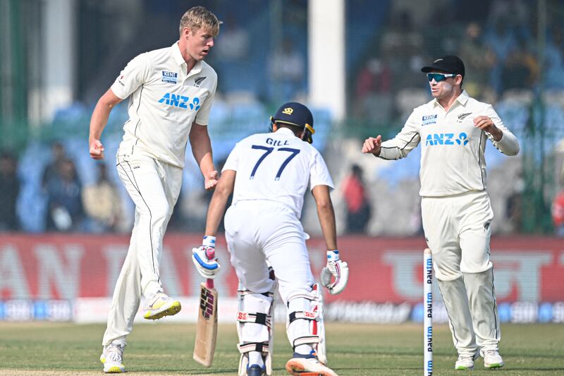 New Zealand's Kyle Jamieson celebrates the dismissal of India's Shubman Gill. AFP