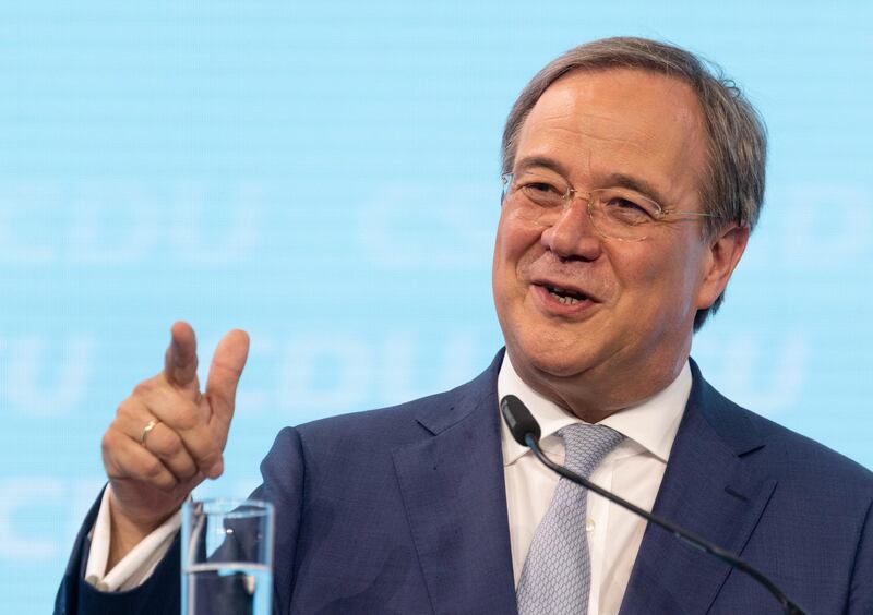 epa09290456 Christian Democratic Union (CDU) party chairman Armin Laschet gestures during a press conference with Christian Social Union (CSU) and Bavaria's State Premier Markus Soeder (unseen) after the Christian Democratic Union (CDU) party congress in Berlin, Germany, 21 June 2021.  EPA/FILIP SINGER/ POOL