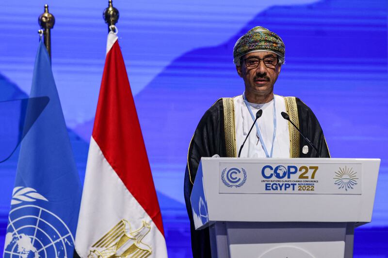 Abdulla Nasser Musallam Al Rahbi, Oman's Ambassador to Egypt and Permanent Representative to the Arab League, speaks at the COP27 climate conference in Egypt's Red Sea resort city of Sharm el-Sheikh. AFP