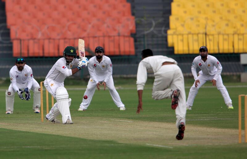 Pakistani cricket players play a practice match for the upcoming series, at Gaddafi Stadium in Lahore, Pakistan, Thursday, Sept. 21, 2017. Pakistan will play two-Test series against Sri Lanka in the United Arab Emirates that starts Sept. 28, 2017. (AP Photo/K.M. Chaudary)