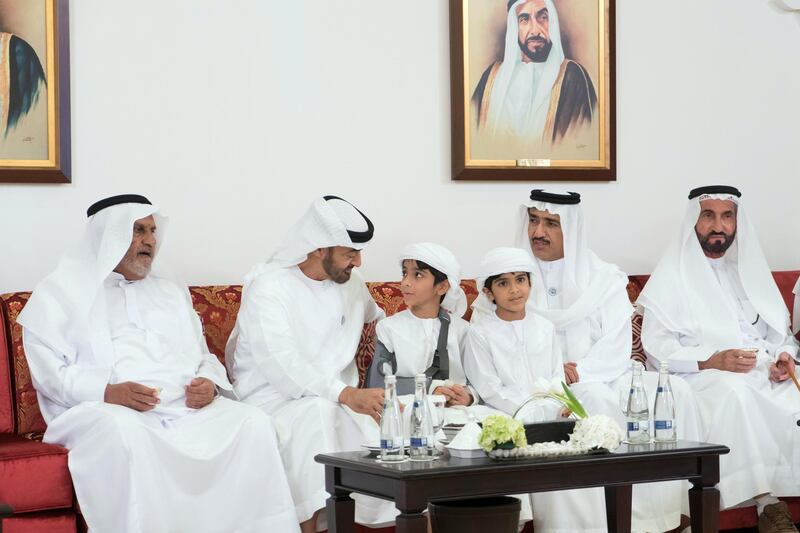 ABU DHABI, UNITED ARAB EMIRATES - November 15, 2018: HH Sheikh Mohamed bin Zayed Al Nahyan, Crown Prince of Abu Dhabi and Deputy Supreme Commander of the UAE Armed Forces (2nd L), attends a mass wedding held at Majlis Al Manhal. Seen with HE Ahmed Juma Al Zaabi, UAE Deputy Minister of Presidential Affairs (2nd R).

( Rashed Al Mansoori / Ministry of Presidential Affairs )
---