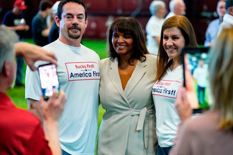 Kathy Barnette, a Republican candidate for U. S.  Senate in Pennsylvania, poses for photographs with attendees at a forum in Newtown, Pa. , Wednesday, May 11, 2022.  (AP Photo / Matt Rourke)