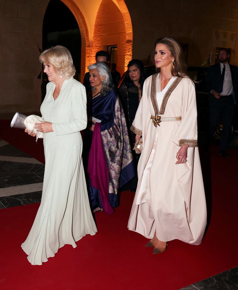Britain's Camilla, Duchess of Cornwall, walks with Jordan's Queen Rania during a private dinner at the Al Husseiniya Palace, in Amman, Jordan November 16, 2021.  Ian Vogler / Pool via REUTERS