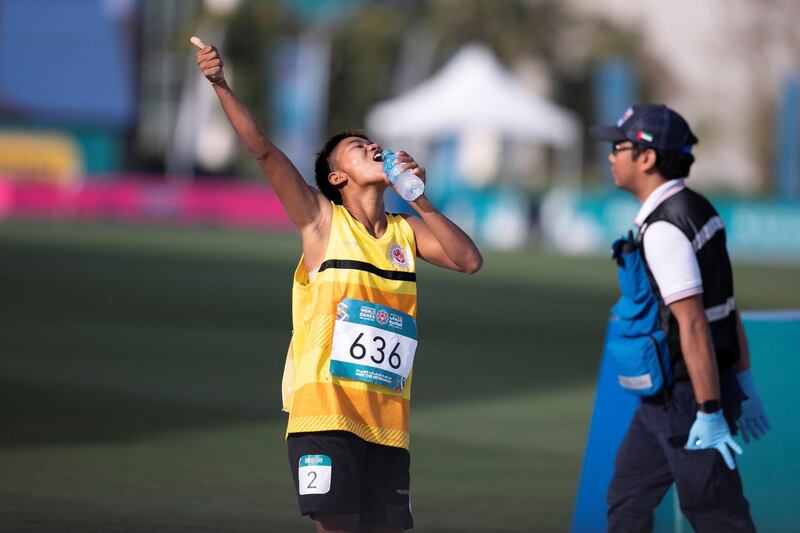 DUBAI, UNITED ARAB EMIRATES - March 16 2019.

Special Olympics World Games athletics competition in Dubai Police Academy Stadium.

 (Photo by Reem Mohammed/The National)

Reporter: 
Section:  NA