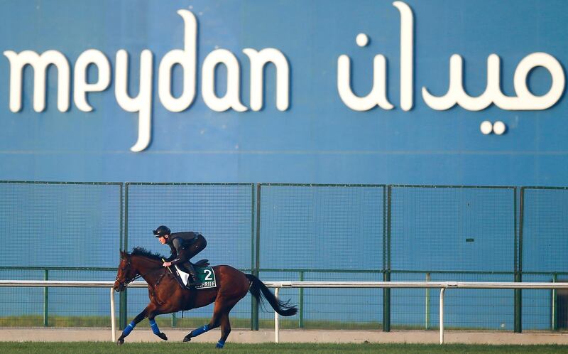 epa09093416 A jockey rides Mishriff from Britain ahead of the 25th edition of the Dubai World Cup on 27 March 2021. EPA