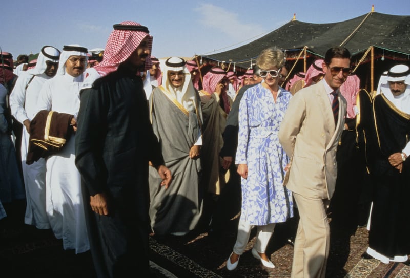 The British royals visit a Bedouin camp in the Thumamah area of Saudi Arabia, in November 1986.