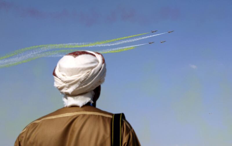 Dubai, United Arab Emirates - November 14th, 2017: August 1st display team at the Dubai airshow. Tuesday, November 14th, 2017 at Al Maktoum Airport, Dubai. Chris Whiteoak / The National