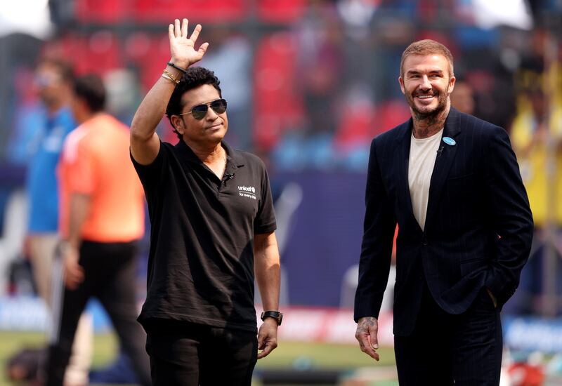 UNICEF goodwill ambassadors Sachin Tendulkar and David Beckham during the World Cup semi-final between India and New Zealand at the Wankhede Stadium in Mumbai on Wednesday, November 15, 2023. Getty Images