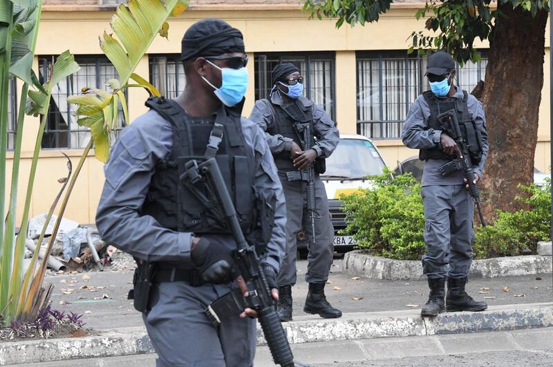 Members of Kenya's Anti-terror police unit keep guard outside the Milimani Law Courts. AFP