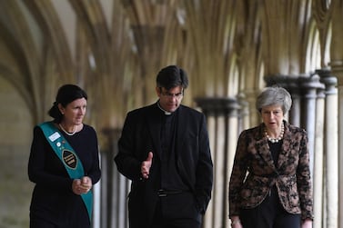 Britain's Prime Minister Theresa May visits Salisbury cathedral. EPA.