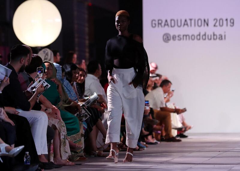 Dubai, United Arab Emirates - June 20, 2019: Designs by student designer Riza Abdullah, the dual bridal street wear. Esmod Fashion Show. Thursday the 20th of June 2019. City Walk, Dubai. Chris Whiteoak / The National