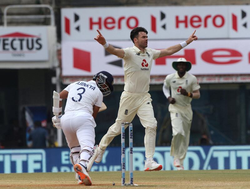 James Anderson of England celebrates the wicket of Ajinkya Rahane (Vice captain) of India during day five of the first test match between India and England held at the Chidambaram Stadium in Chennai, Tamil Nadu, India on the 9th February 2021

Photo by Pankaj Nangia/ Sportzpics for BCCI