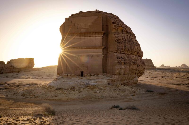 An ancient Nabataean carved tomb at the archaeological site of Al Hijr, near AlUla, Saudi Arabia. AFP

