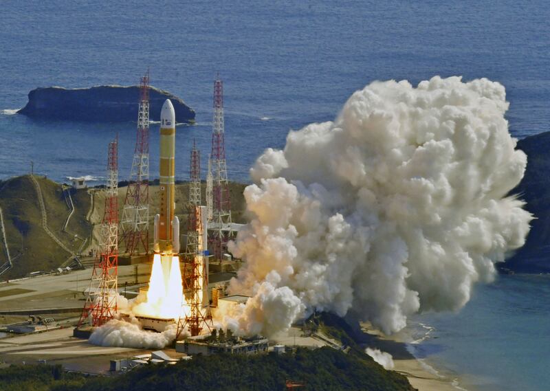 An aerial view shows an H3 rocket carrying a land observation satellite lift off from the launching pad at Tanegashima Space Center on the southwestern island of Tanegashima, Kagoshima Prefecture, southwestern Japan March 7, 2023, in this photo taken by Kyodo.   Mandatory credit Kyodo via REUTERS ATTENTION EDITORS - THIS IMAGE WAS PROVIDED BY A THIRD PARTY.  MANDATORY CREDIT.  JAPAN OUT.  NO COMMERCIAL OR EDITORIAL SALES IN JAPAN