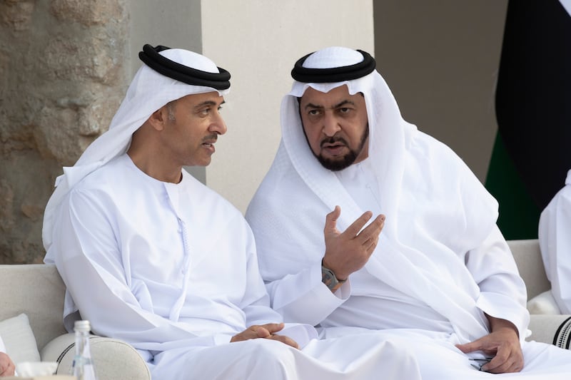Sheikh Hazza bin Zayed, deputy chairman of the Abu Dhabi Executive Council (L), and Sheikh Hamdan bin Zayed, Ruler’s Representative in Al Dhafra Region, attend the group wedding.