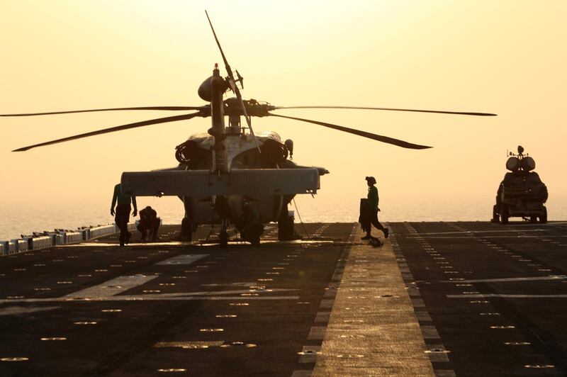 An MH-60S Sea Hawk is seen after it was landed on the flight deck of USS Boxer (LHD-4) in the Arabian Sea off Oman. All photos by Reuters on July 16, 2019