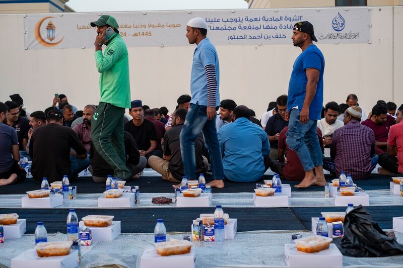 Men gather for iftar at Al Farooq Omar bin Al Khattab Mosque in Dubai. Antonie Robertson / The National