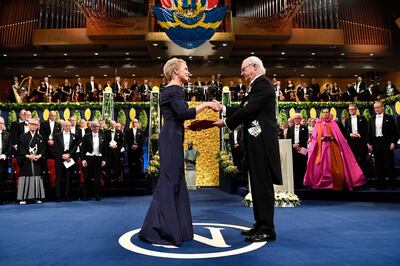 FILE - In this Dec. 10, 2018, file photo, Chemistry laureate Frances H. Arnold, left, receives the prize from King Carl Gustaf of Sweden, during the Nobel Prize award ceremony, at the Stockholm Concert Hall, in Stockholm. The Nobels, with new winners announced starting Monday, Oct. 5, 2020, often concentrate on unheralded, methodical, basic science. â€œWithout basic science, you wonâ€™t have cutting-edge applied science,â€ said Frances Arnold, a Caltech chemical engineer who won the 2018 Nobel in chemistry. (Pontus Lundahl/Pool Photo via AP, File)