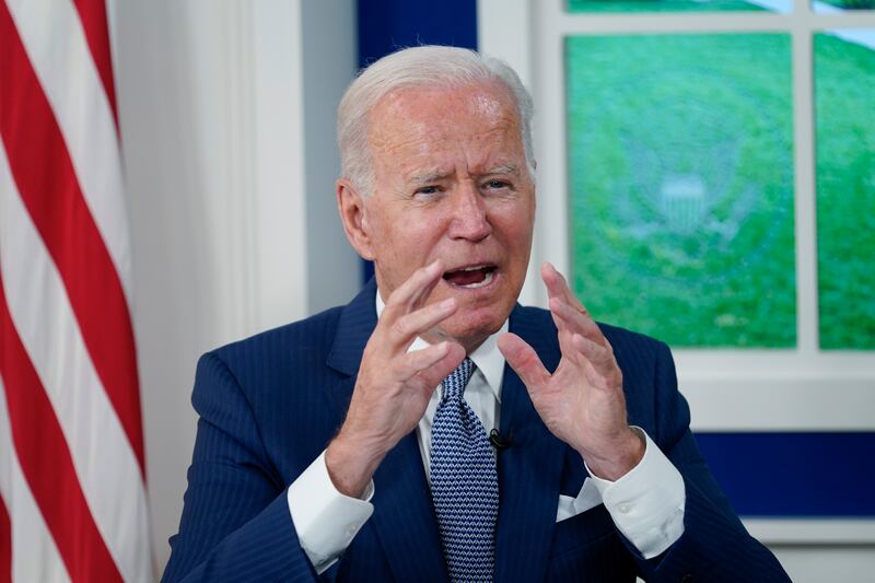 US President Joe Biden speaks during a virtual Covid-19 summit during the 76th Session of the United Nations General Assembly, in the South Court Auditorium on the White House campus. AP