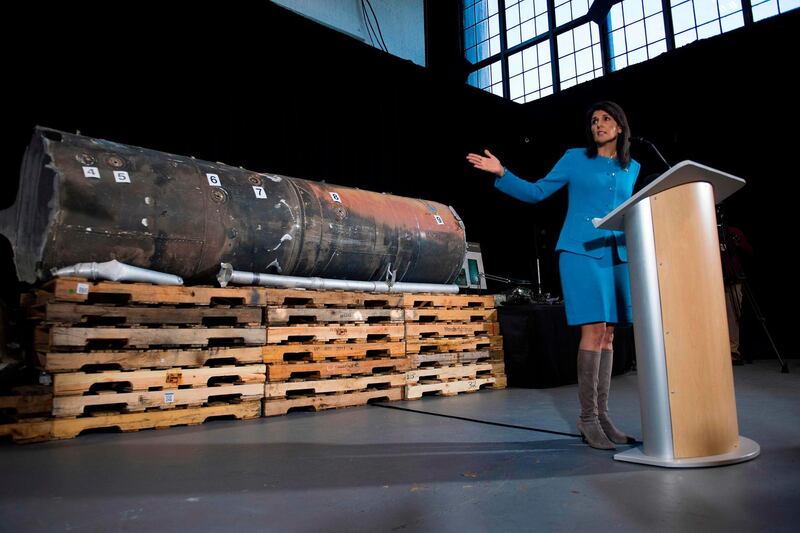US Ambassador to the United Nations Nikki Haley unveils previously classified information intending to prove Iran violated UNSCR 2231 by providing the Houthi rebels in Yemen with arms during a press conference at Joint Base Anacostia in Washington, DC, on December 14, 2017.
US ambassador to the United Nations Nikki Haley said Thursday that a missile fired by Huthi militants at Saudi Arabia last month had been made in Iran. "It was made in Iran then sent to Huthi militants in Yemen," Haley said of the missile.
 / AFP PHOTO / JIM WATSON