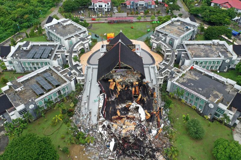 An aerial picture shows damaged governor of West Sulawesi province's office following an earthquake in Mamuju, West Sulawesi, Indonesia. Reuters