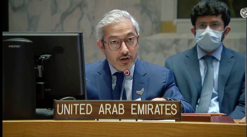 Mohamed Abushahab, the UAE's ambassador to the UN, speaks during a Security Council meeting. AP