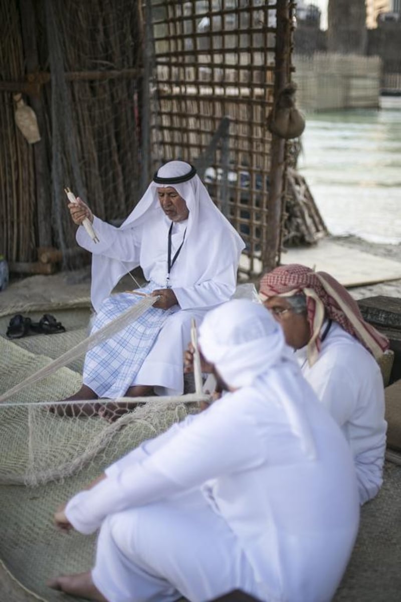 Demonstrations on how fish nets were traditionally made at the Qasr Al Hosn Festival that starts on Wednesday. Mona Al Marzooqi / The National