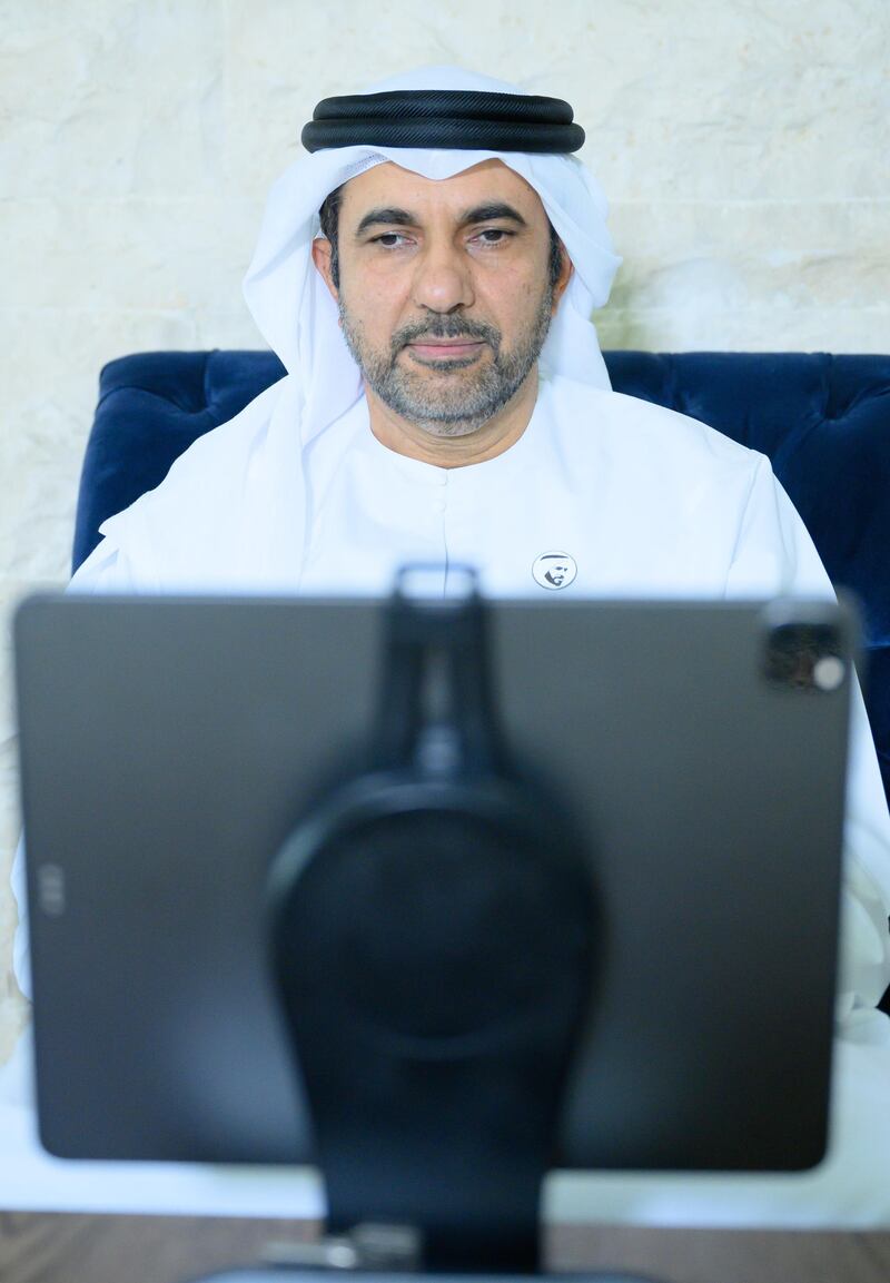 ABU DHABI, UNITED ARAB EMIRATES - May 19, 2020: HE Matar Al Nuaimi, Director General of the Abu Dhabi Public Health Centre, participates in an online lecture by HE Obaid Rashid Al Shamsi, Director-General of the National Emergency Crisis and Disaster Management Authority, titled “Honoring Our Traditions, Valuing Our Safety”. The lecture was broadcast on Al Emarat Channel as part of the Ramadan lecture series of Majlis Mohamed bin Zayed.

( Saeed Al Neyadi / Ministry of Presidential Affairs )
---