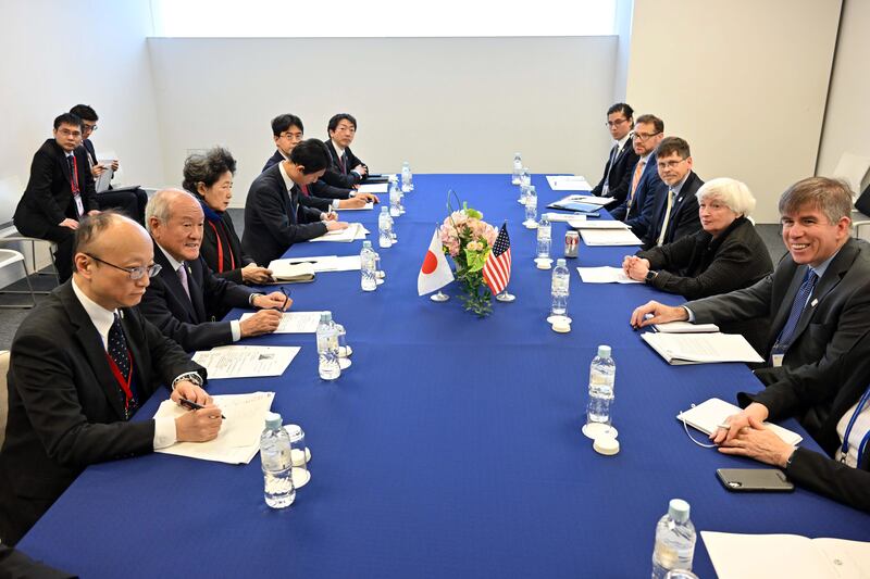 US Treasury Secretary Janet Yellen, second from right, and Japan's Finance Minister Shunichi Suzuki, second from left, during talks on the sidelines of the G7 finance ministers meeting in Japan, on Saturday. EPA