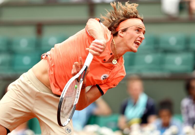 PARIS, FRANCE - JUNE 01:  Alexander Zverev of Germany serves during his mens singles third round match against Damir Dzumhur of Bosnia and Herzegovinia during day six of the 2018 French Open at Roland Garros on June 1, 2018 in Paris, France.  (Photo by Matthew Stockman/Getty Images)