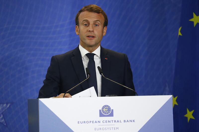 Emmanuel Macron, France's president, delivers a speech during a farewell ceremony for European Central Bank President Mario Draghi in Frankfurt, Germany, on Monday, Oct. 28, 2019. Christine Lagarde will inherit two gifts when she takes over the presidency of the European Central Bank, both temporary and both from Draghi. Photographer: Alex Kraus/Bloomberg